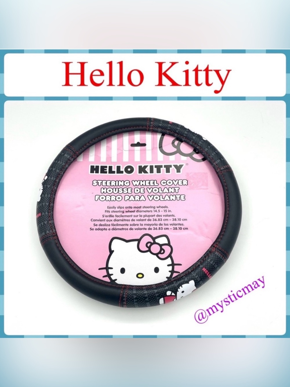 New HELLO KITTY Black Faux Leather Slip On Car Vehicle STEERING WHEEL COVER
